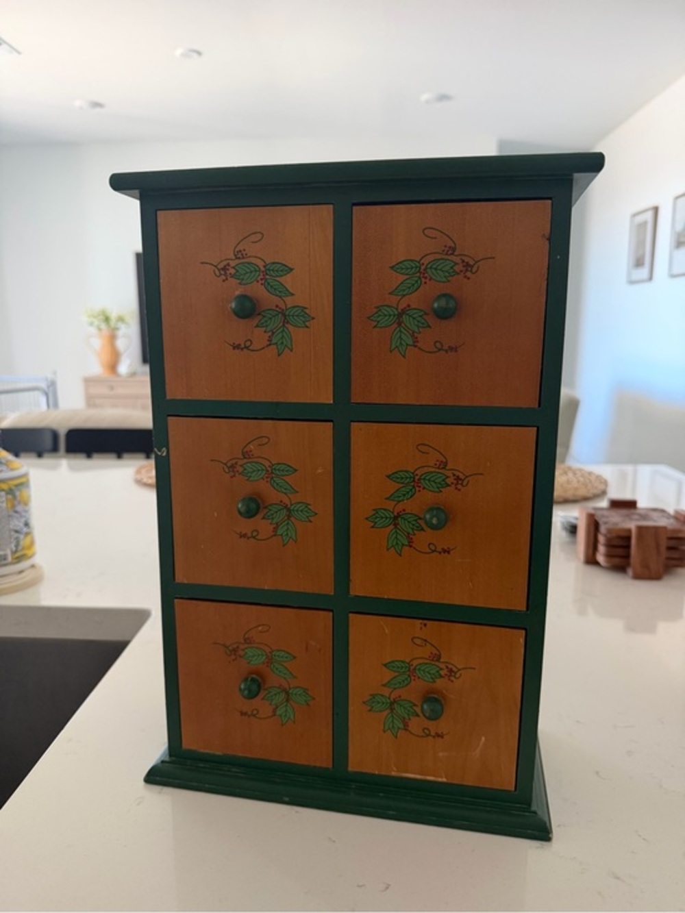 Wooden 6-Drawer Decorative Cabinet - Green Trim, Hand-Painted Leaf Design